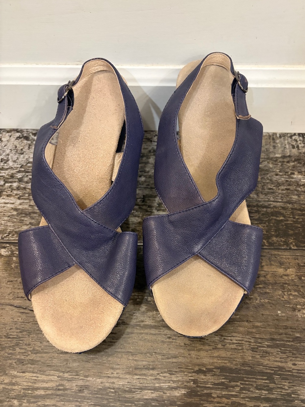 Navy Chocolate Blu Britney wedge sandals upper leather lining man-made soul sz 7